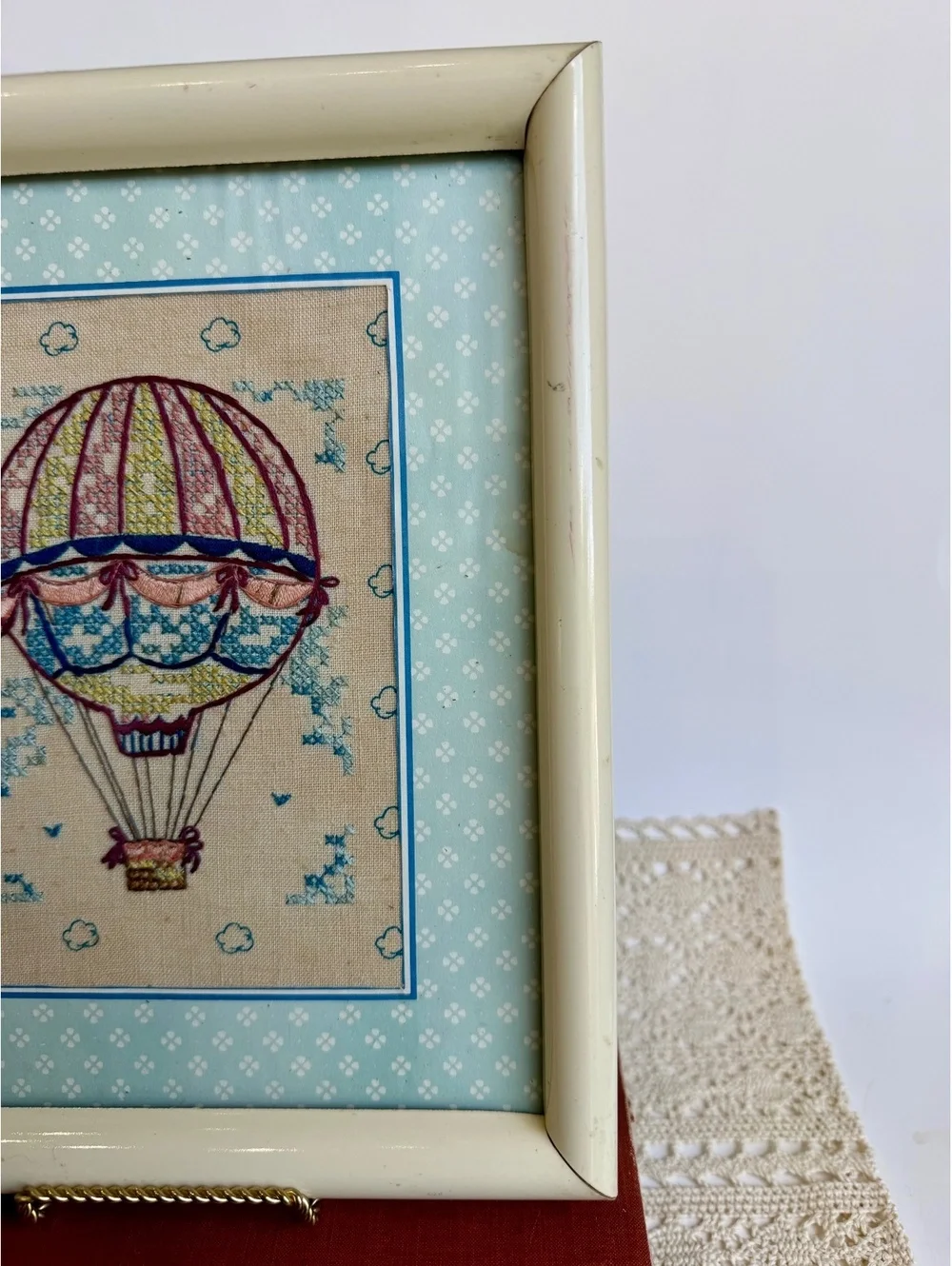 Vintage Framed Hot Air Balloon Crewel Embroidery Needlework Wall Art